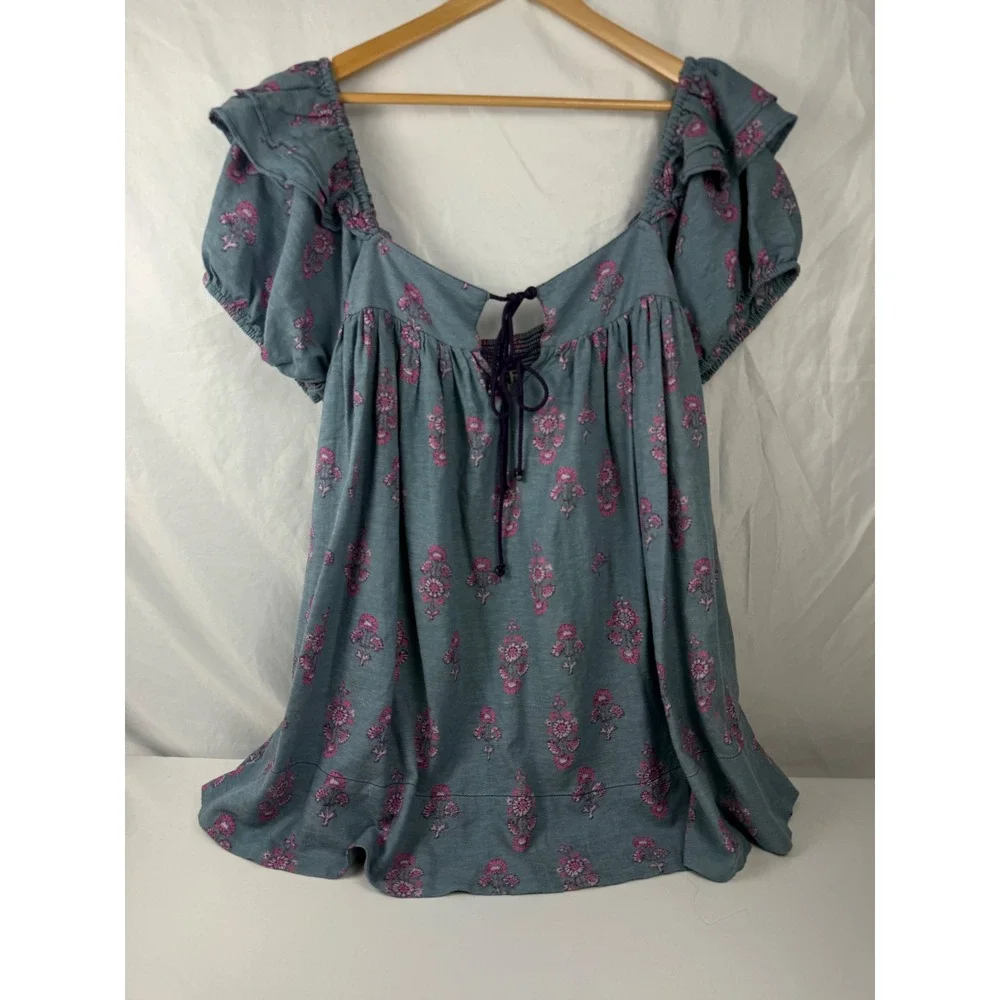 Free People L Blue Floral Peasant Blouse Boho Puff‎ Sleeve Smocked Cottagecore